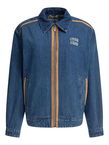  Miu Miu Embroidered-logo Suede-trimmed Denim Jacket - Blue 