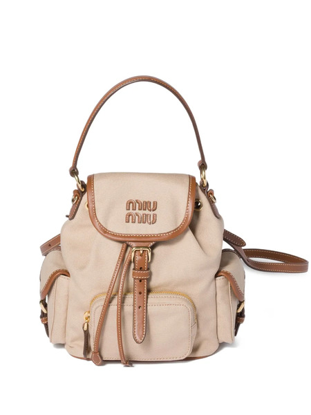  Miu Miu Flap Leather Canvas Backpack - Neutrals 