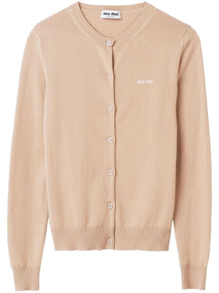  Miu Miu Logo-intarsia Fine-knit Cardigan - Neutrals 