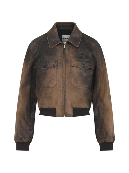  Miu Miu Pocket Logo Leather Jacket - Brown 