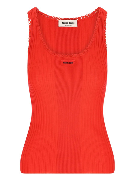  Miu Miu Ribbed Crocheted-edges Top - Red 