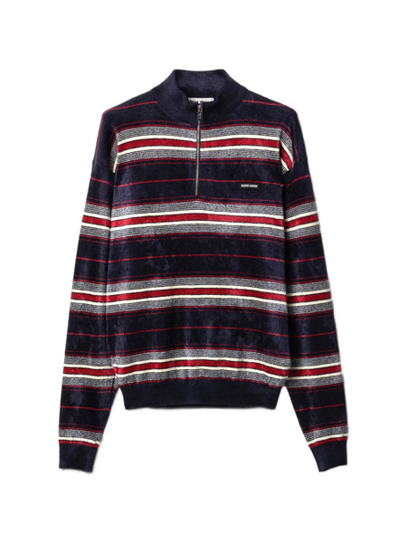  Miu Miu Striped Half-zipper Chenille Sweater - Blue 