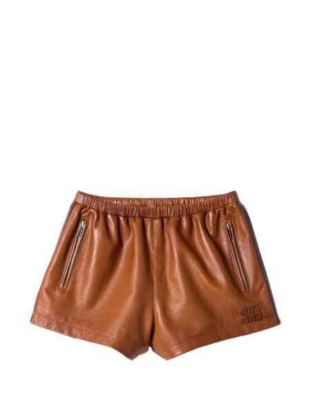  Miu Miu Striped Leather Shorts - Brown 