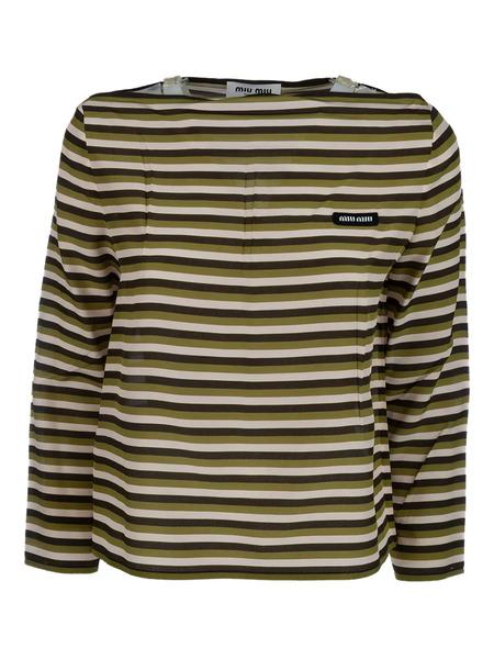  Miu Miu Striped Logo-patch T-shirt - Green 