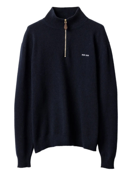  Miu Miu Suede-patch Half-zip Sweater - Blue 