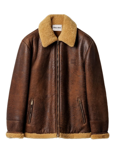  Miu Miu Zip-up Shearling Coat - Brown 