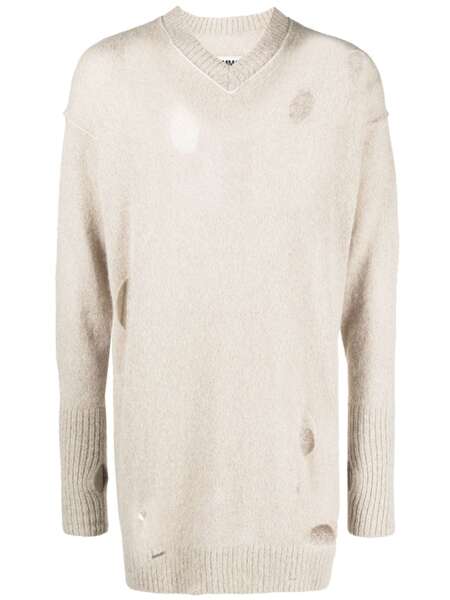  Mm6 Maison Margiela Distressed-effect Knitted Jumper - Neutrals 
