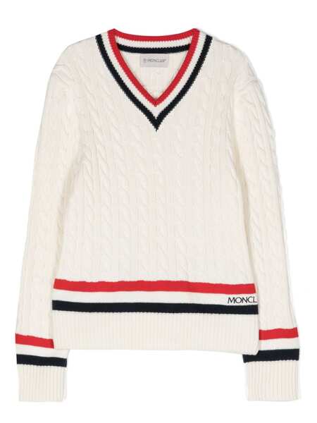  Moncler Enfant V-neck Cable-knit Jumper - Neutrals 