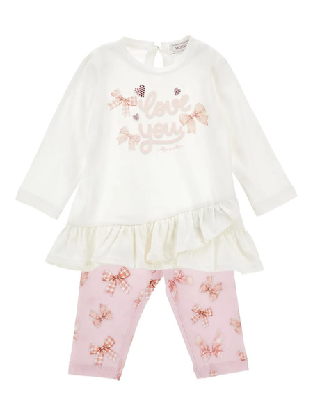  Monnalisa Bow-print Trousers Set - White 
