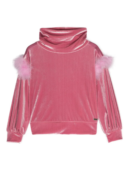  Monnalisa Faux Feather-trim Velvet Blouse - Pink 