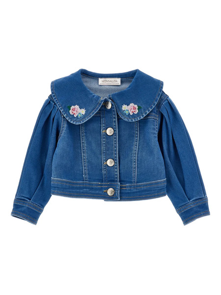  Monnalisa Floral-embroidered Denim Jacket - Blue 