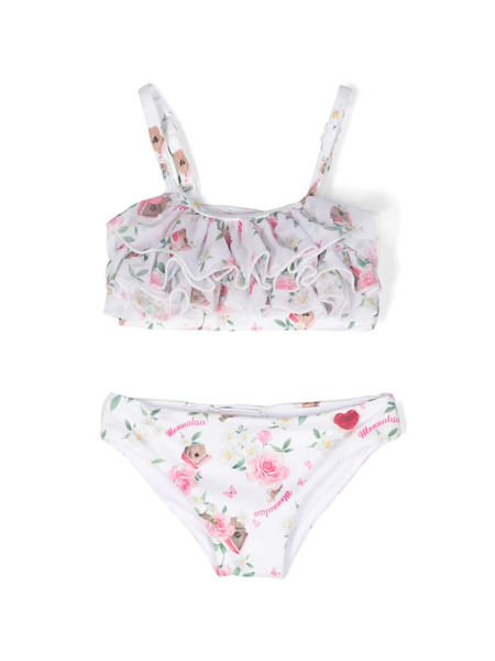  Monnalisa Floral-print Ruffled Bikini Set - White 