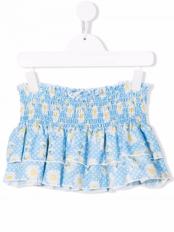  Monnalisa Floral-print Smocked Skirt - Blue 