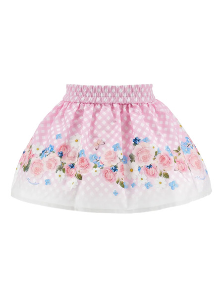  Monnalisa Gingham Floral-print Skirt - Pink 
