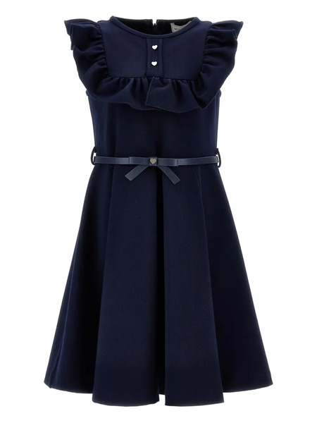  Monnalisa Ruffled-neckline Belted Dress - Blue 