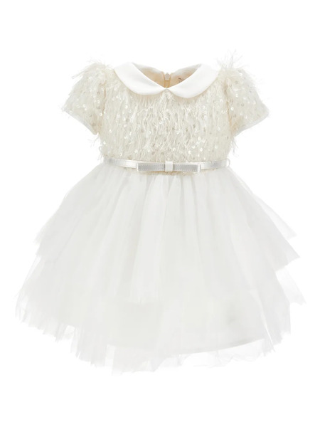  Monnalisa Sequin Belted Dress - White 