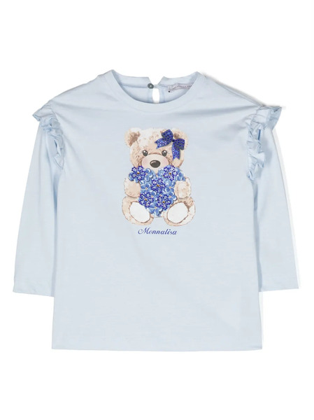  Monnalisa Teddy Bear-print Ruffled T-shirt - Blue 