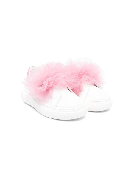  Monnalisa Tulle-inserts Leather Sneakers - White 