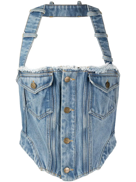  Monse Halterneck Washed Denim Corset Top - Blue 