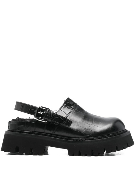  Moschino Buckle Embossed Leather Mules - Black 