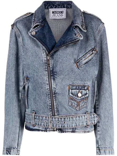  Moschino Jeans Crystal-embellished Denim Biker Jacket - Blue 