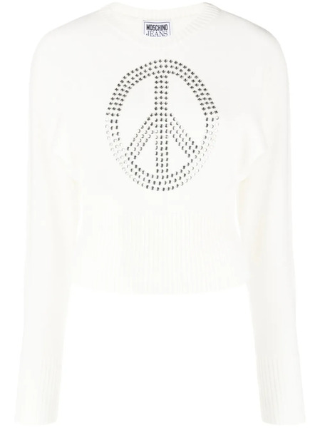  Moschino Jeans Studded-peace Sign Wool-blend Jumper - White 