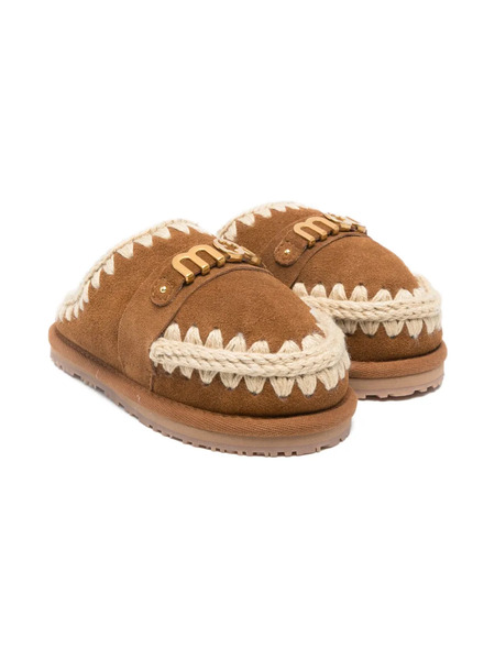  Mou Kids Braided-trim Logo Slippers - Brown 
