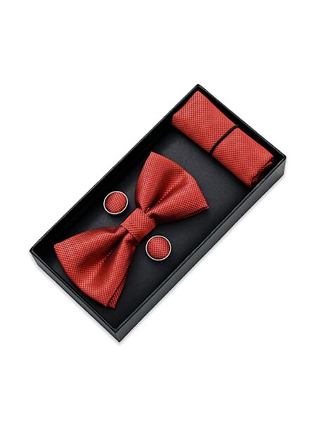  Moustache Crosshatched Bow Tie Set - Red 