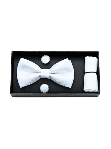  Moustache Crosshatched Bow Tie Set - White 