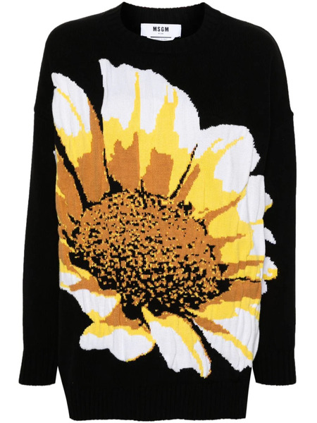  Msgm Floral-intarsia-knit Jumper - Black 