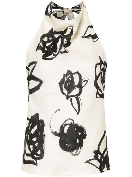  Msgm Floral Linen Halterneck Top - Neutrals 