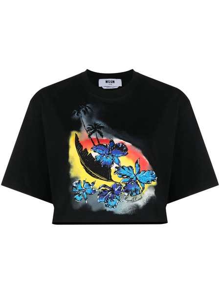  Msgm Graphic-print Cropped T-shirt - Black 