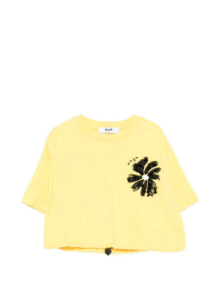  Msgm Kids Floral-detail T-shirt - Yellow 