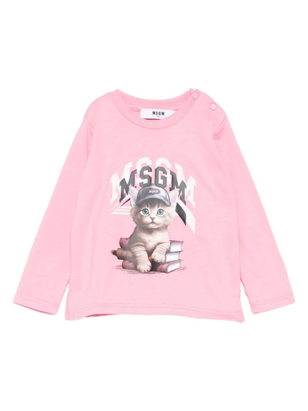  Msgm Kids Kitten-print Long-sleeve T-shirt - Pink 