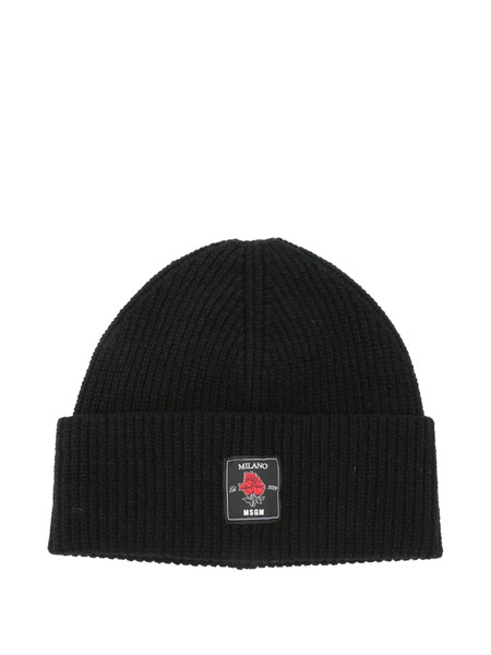  Msgm Ribbed-wool Logo-patch Beanie Hat - Black 
