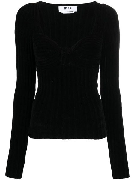  Msgm Twist-front Ribbed Long-sleeve Top - Black 
