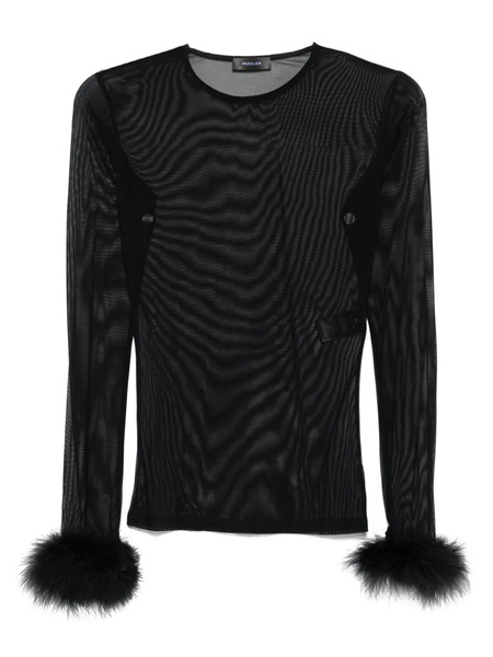 Mugler Feather-cuff Mesh Top - Black 