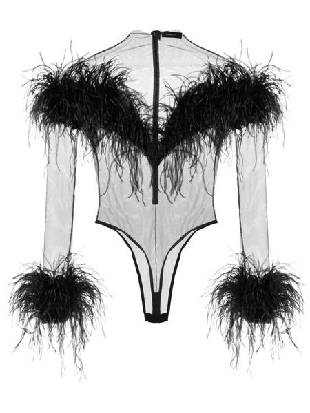  Mugler Feather-trim Mesh Bodysuit - Black 