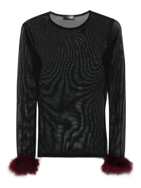  Mugler Mesh-panel Feather-cuff Top - Black 