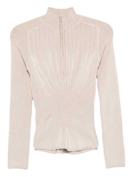  Mugler Ribbed Zip-front Polo Top - Neutrals 