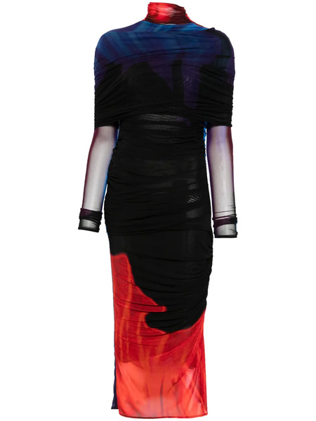  Mugler Ruched Sheer Midi Dress - Blue 