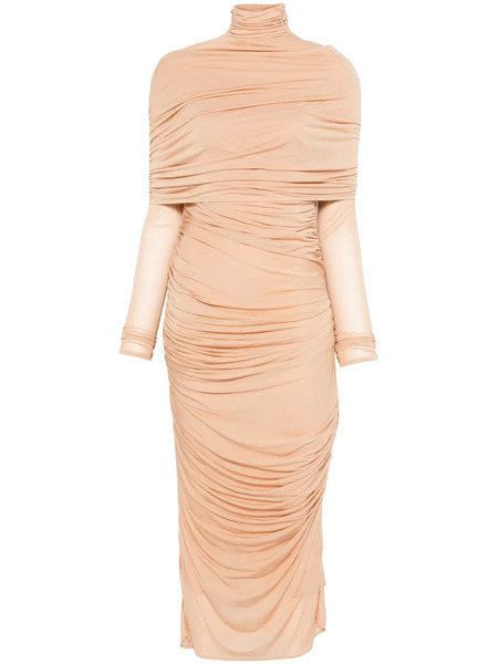  Mugler Ruched Sheer Midi Dress - Neutrals 