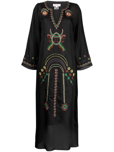  Muzungu Sisters Embroidered Split-neck Silk Dress - Black 