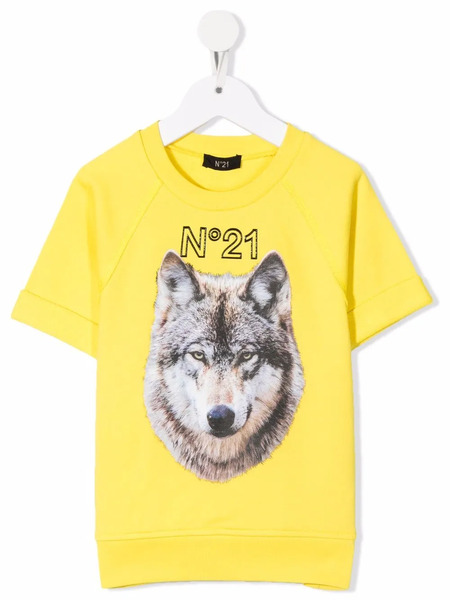  Nº21 Kids Wolf-print Short-sleeve Cotton Sweatshirt - Yellow 