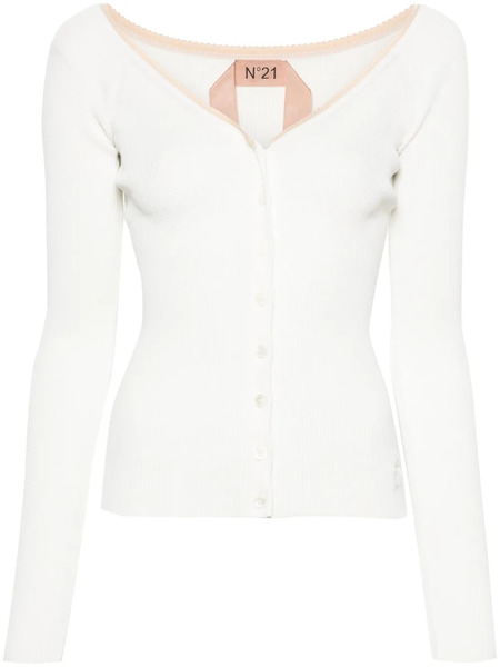  Nº21 Picot-trim Fine-ribbed Cardigan - White 