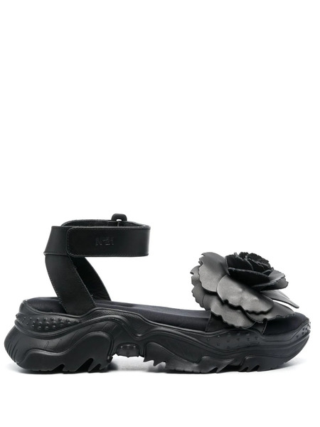  Nº21 Rose-appliqué 60mm Leather Sandals - Black 