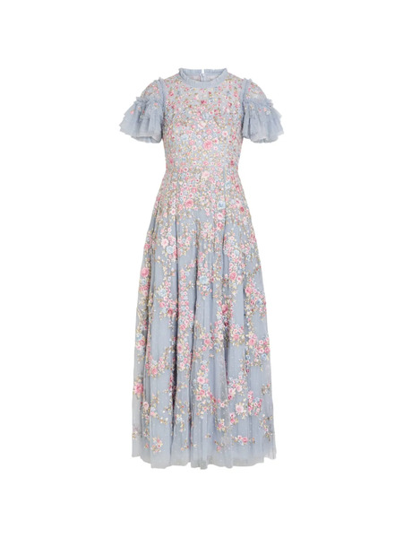  Needle & Thread Lunaria Floral-embroidered Ruffled Tulle Gown - Blue 