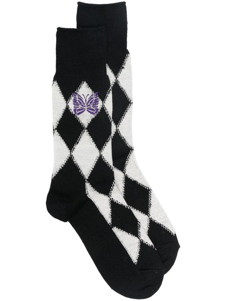  Needles Argyle-check Socks - Black 