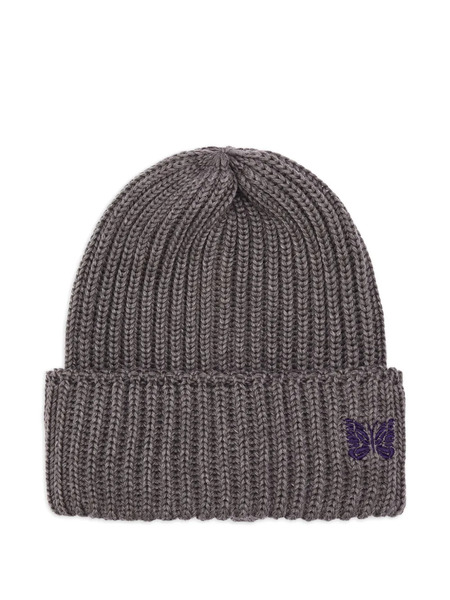  Needles Ribbed-knit Butterfly-embroidery Beanie - Grey 