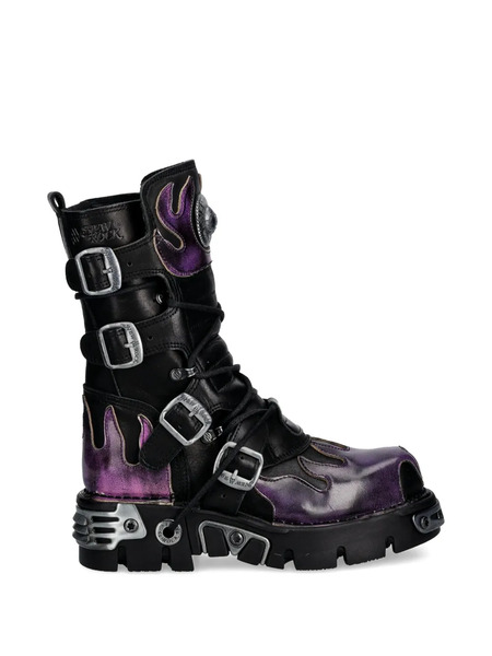  New Rock Flame-design Leather Boots - Black 